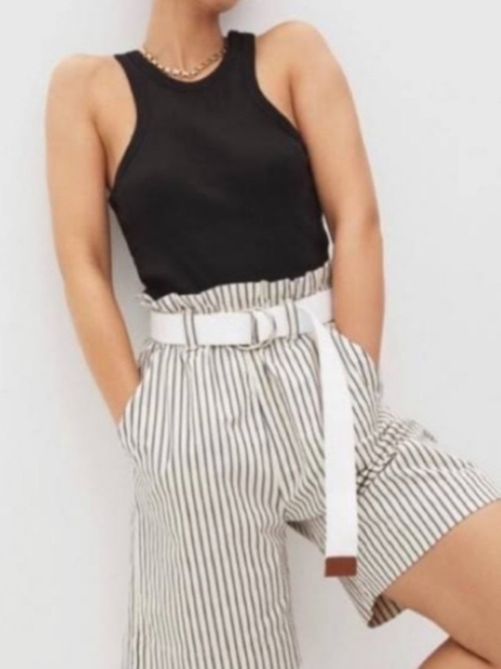 Everlane Organic Cotton Paper bag Shorts Cream/BLK Vertical Stripes Size Small